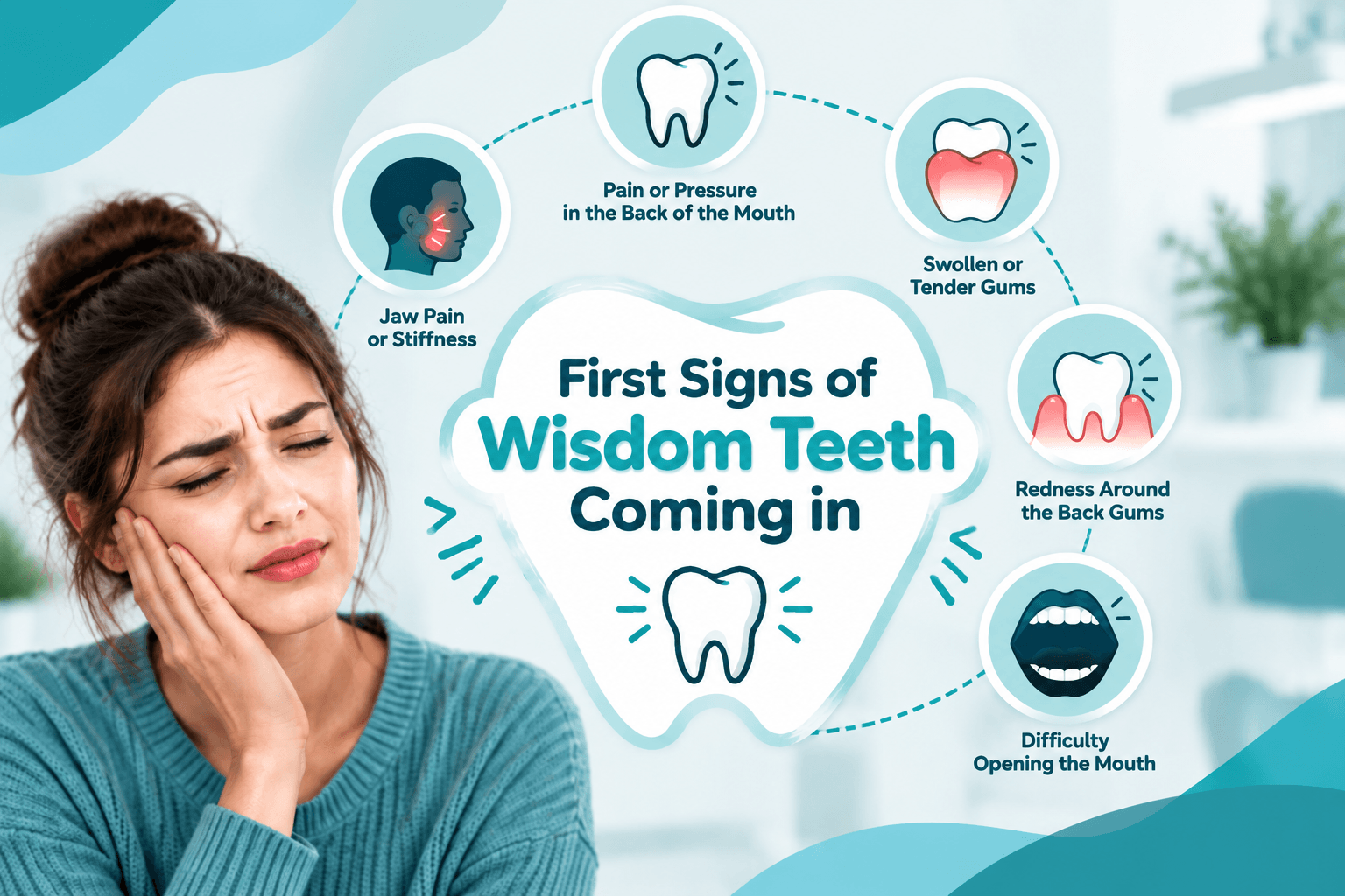 First signs of wisdom teeth coming in, with a girl experiencing jaw pain and dental symptoms