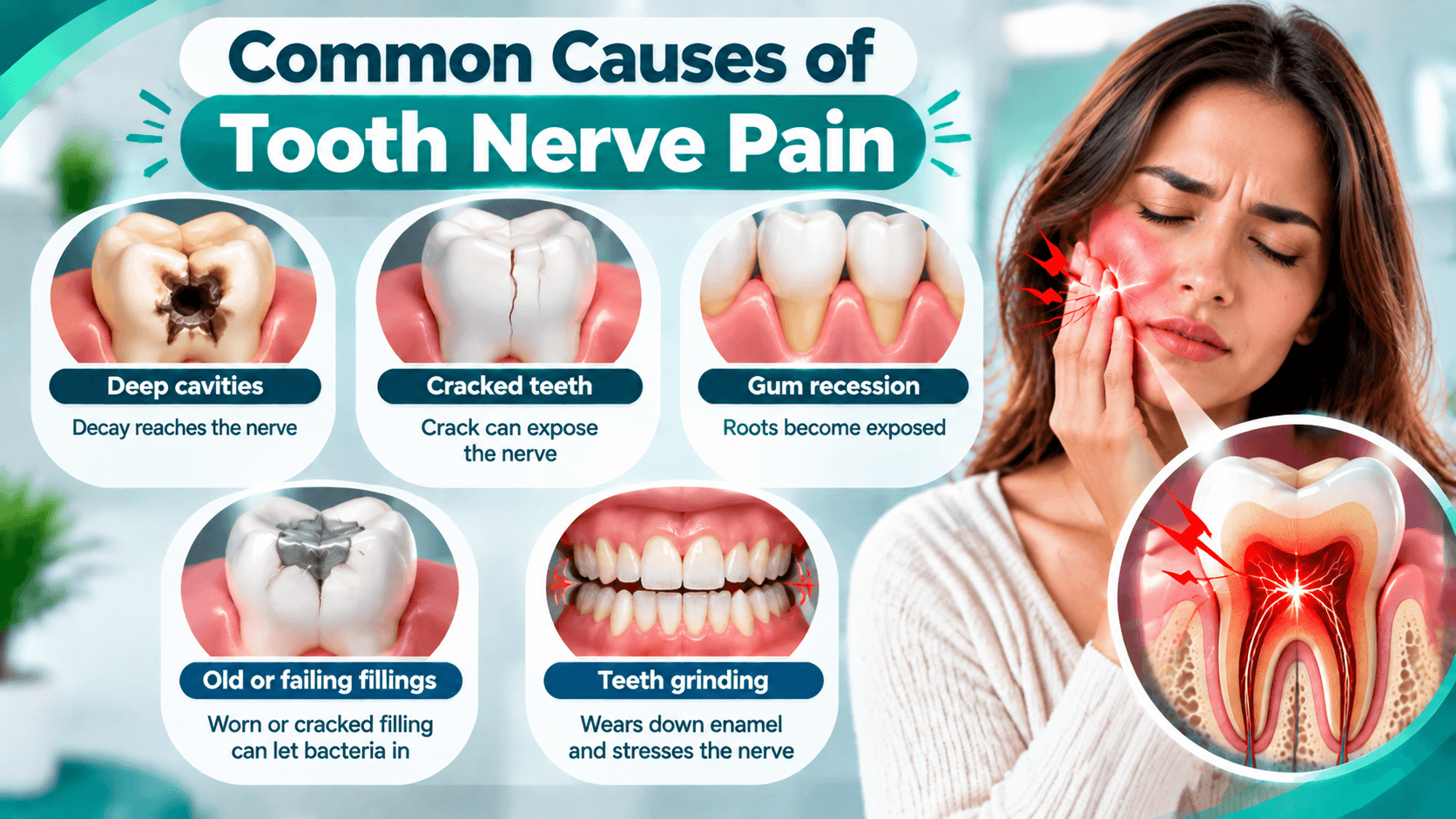common causes of tooth nerve pain with cavities, cracks, and gum issues