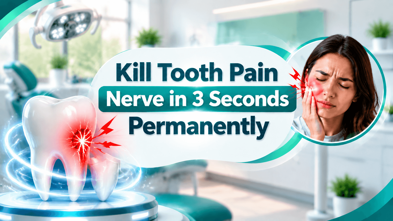 kill tooth pain nerve in 3 seconds permanently with a tooth pain illustration and a woman experiencing jaw discomfort
